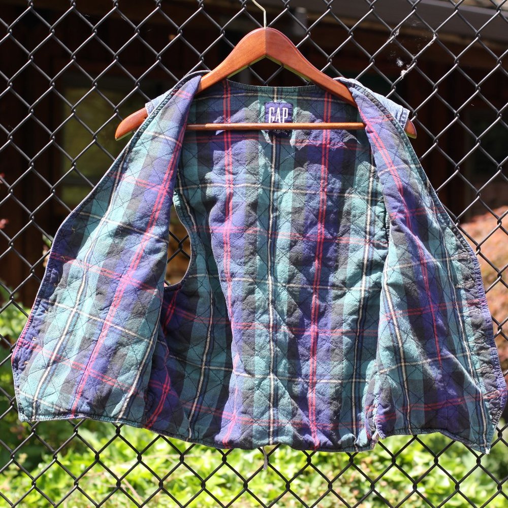 Vintage 90's Gap Denim Button Plaid Quilted Back Vest